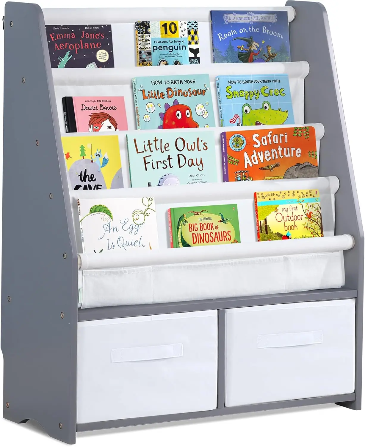 Bookshelf Kids Sling Book Rack with Two Storage Boxes and Toys Organizer Shelves Natural Solid Wood Baby Bookcase