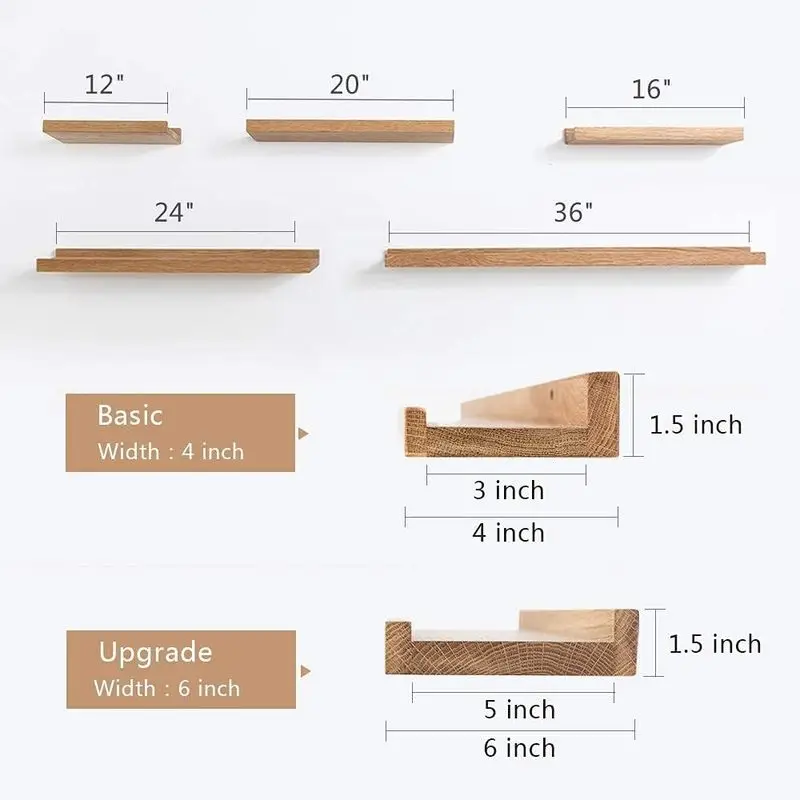 Oak Color No Drill Wall Mount Floating Shelf Simple Photo Display Wall Board For Home Office Living Room Bedroom Storage Organiz