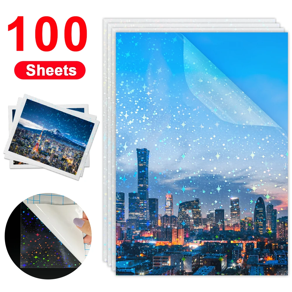 100 Sheets Self-adhesive Cold Laminating Film A4 Hologram Stars Dots Broken Glass Heart DIY Package Card Photo Laminating Film