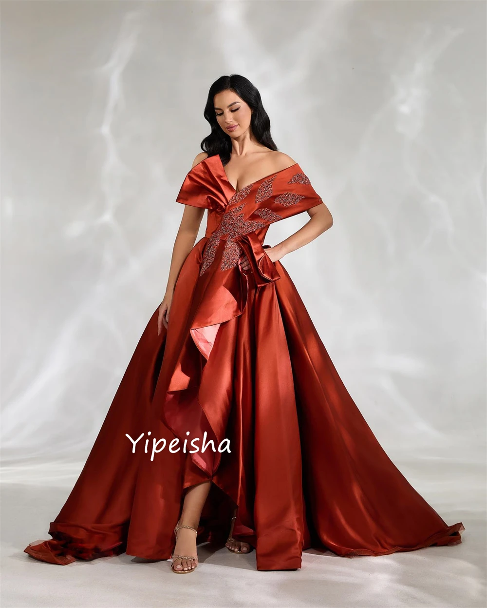 Classic Exquisite Birthday Party Off the Shoulder Ball Gown Sequined Beading Floor-Length Satin Evening Dresses