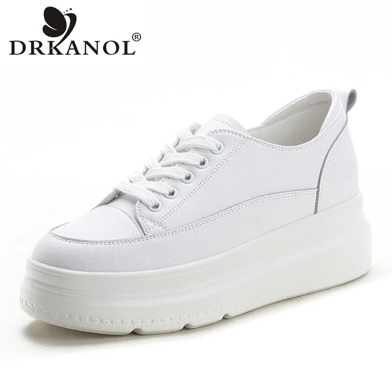 DRKANOL Fashion Women Height Increasing Shoes Spring Summer Genuine Leather Air Mesh Breathable Chunky Platform Casual Sneakers