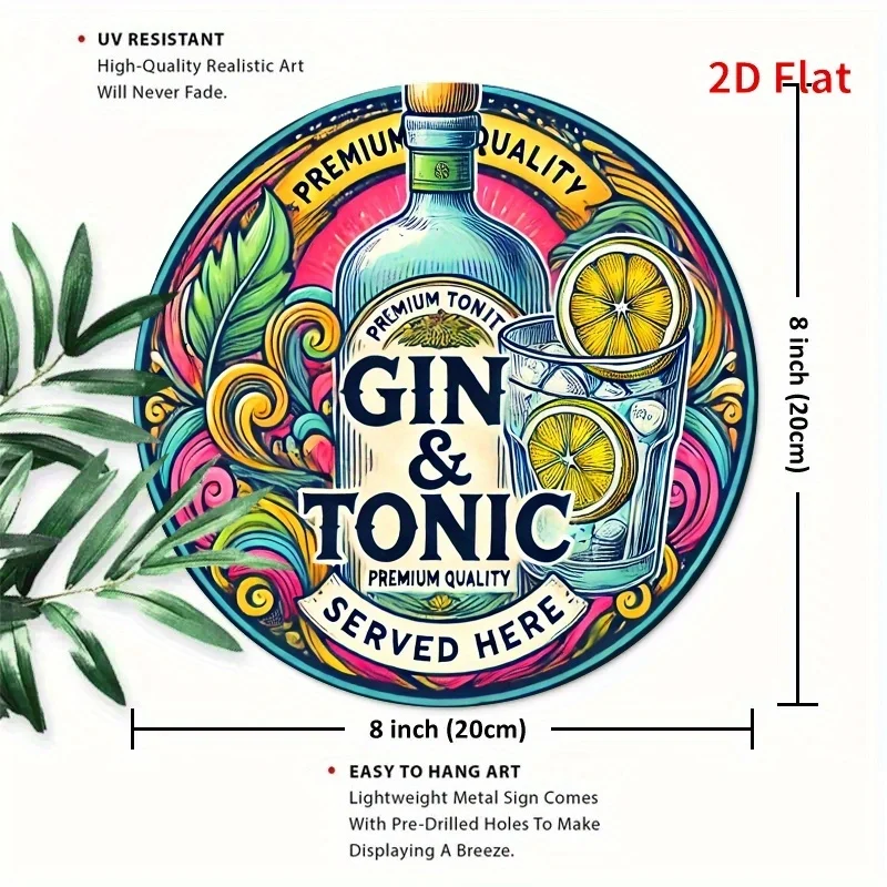 2D Flat, 2D Flat 1pc 2D Printing Metal Iron Gin & Tonic Wall Art, 7.87x7.87 Inches - Vibrant Roostertail Design with Lemon Slice