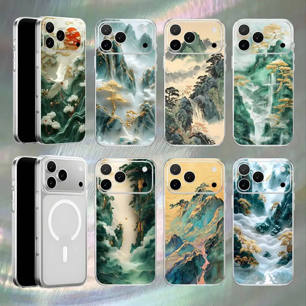 

Auspicious INS Green Mountain Chinese Transparent White Phone Case For iPhone 17,16,15,14,13,Pro,Max Magnetic Wireless Charging