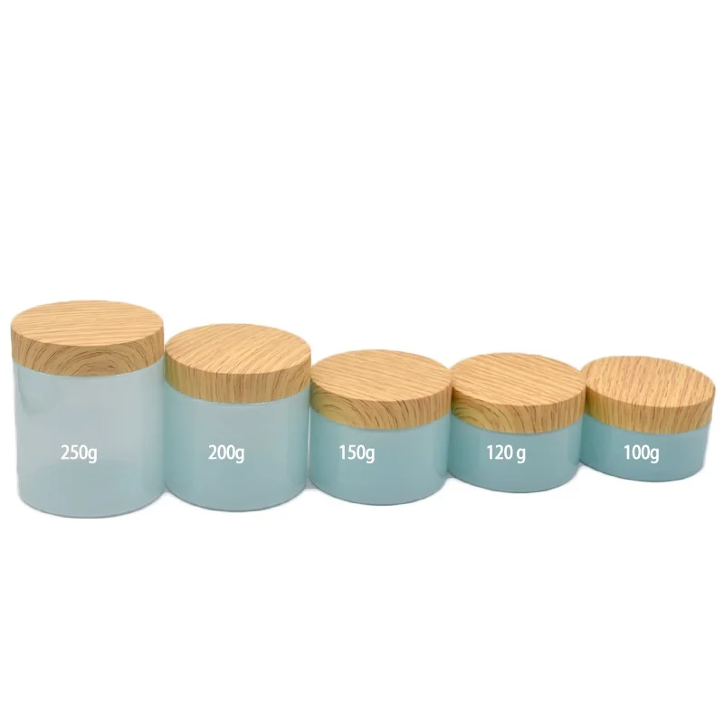 22pcs/lot Plastic Face Cream Bottle 100/120/150/200/250g False Wood Lid Cosmetics Semi Clear Blue Container Packing Skincare Jar