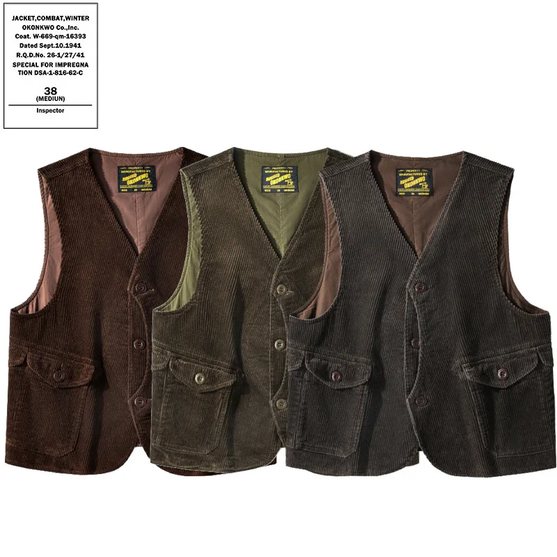 100% Cotton Washed Wide-Wale Corduroy Hunting Vest for Men American Vintage Outdoor Multi-Pocket Safari & Fishing Vest OKONKWO