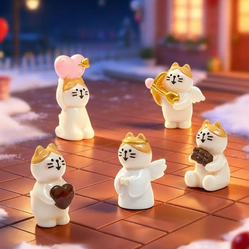 5Pcs Cartoon Cupid Cat Mini Figurine Cute Kitten Resin Statue DIY Micro Landscape Ornament For Desktop Decoration Gift