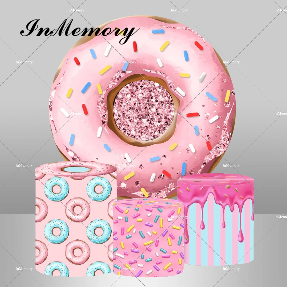 Pink Donut Girls Birthday Party Round Backdrop Cover Candy Girls Baby Shower Newborn Background Cylinder Covers