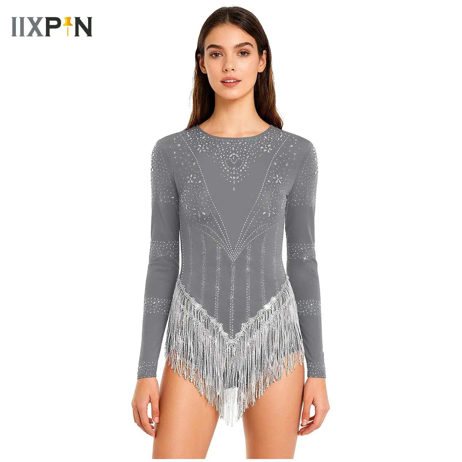 

Women Fringed Latin Dance Leotard Bodysuit Glittery Rhinestones Long Sleeve Tassel Dance Dress for Cha-cha Tango Figure Skating