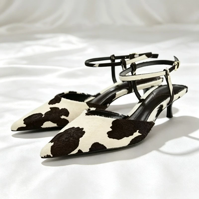 Suede Designer Pumps Woman Ankle Strap Pointed Toe High Heels Female Cow Pattern Fashion Party Sandals Woman Zapatos De Mujer