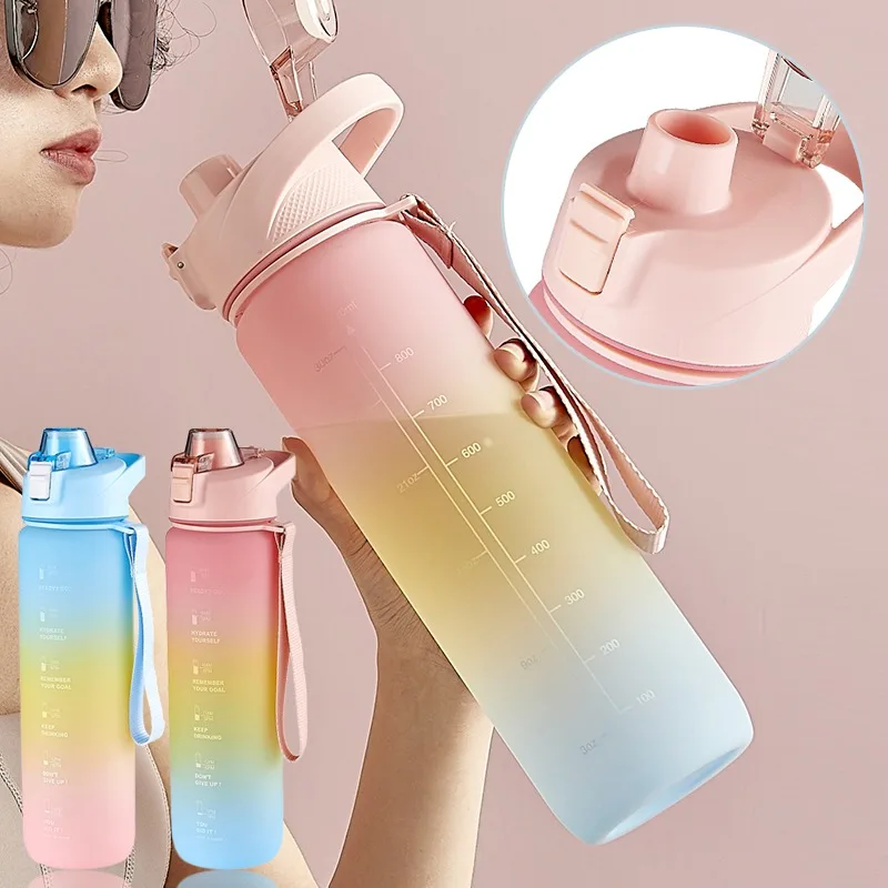 1000ml Water Bottle With Bounce Cover Straw Large Capacity Portable Outdoor Sport Cute Drinking Bottle with Time Scale Reminder