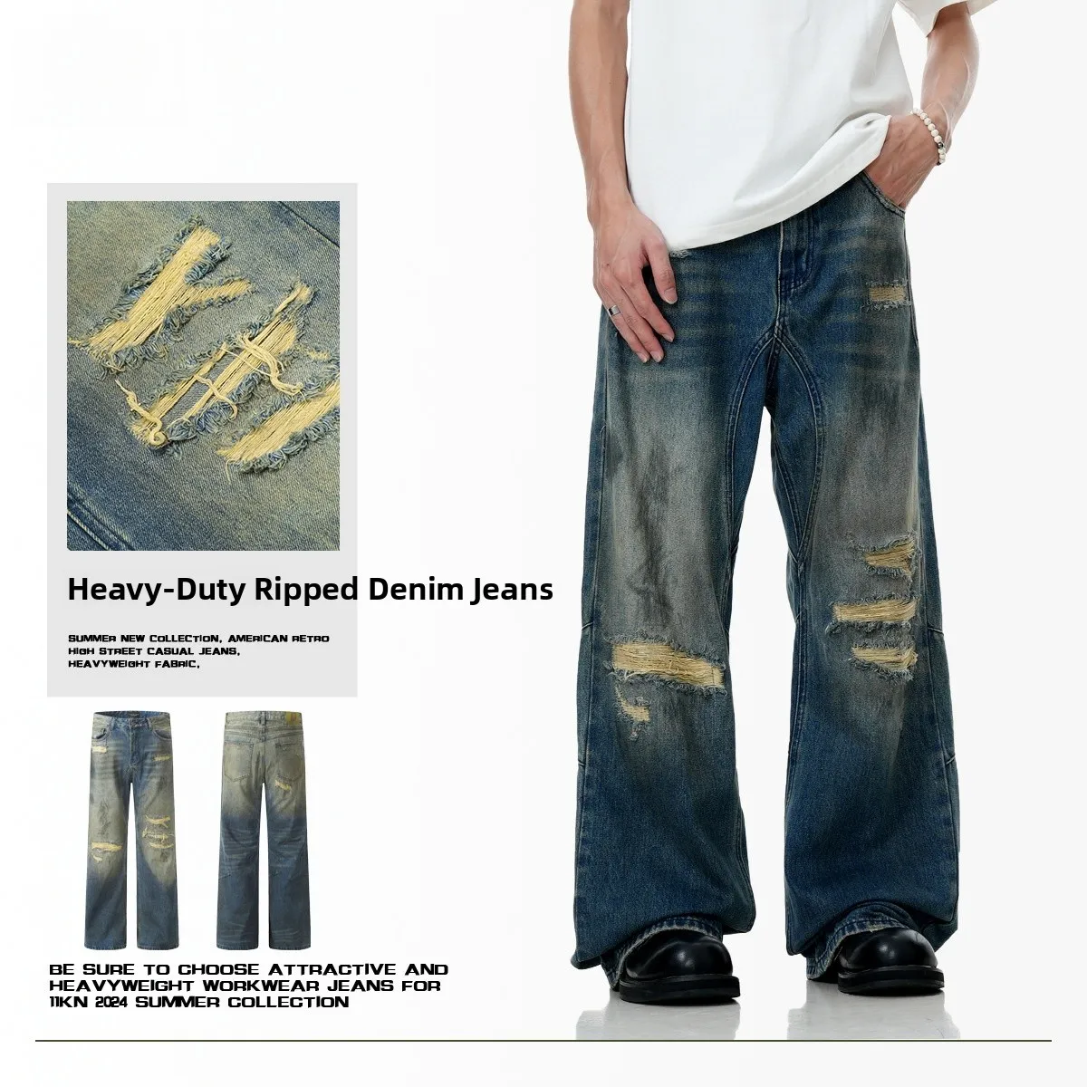 

Retro Blue Faded Jeans Men's Loose Straight Leg Casual Wide Leg Slimming Effect Daily Wear mid Waist Zipper Fly Jeans