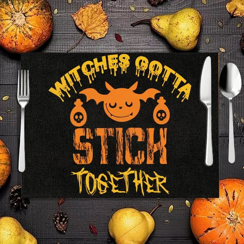 VIKAMA Witches Stick Together Halloween Placemat Linen Table Mat Bat Print Gothic Style Dinner Party Decor