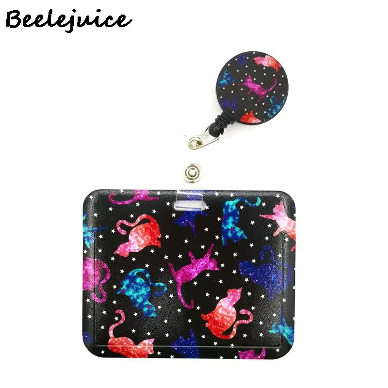 Starry Colorful Cats Horizontal Credit Card Holder Women Men Kid Student Retractable Badge Reel ID Name Clips Card Badge Holder