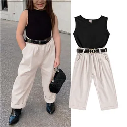 Blotona Hot Sale Girls Summer Outfits, Kids Round Neck Sleeveless Tank Tops + Casual Pants with Pockets + Waist Belt, 1-9Years