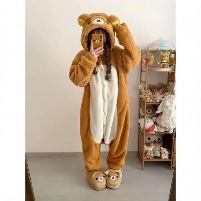 Cute Cartoon Bear Onesie Women Winter Thick Coral Fleece Hooded Jumpsuit Warm Fluffy Animal Home Sleepwear Festival Gift