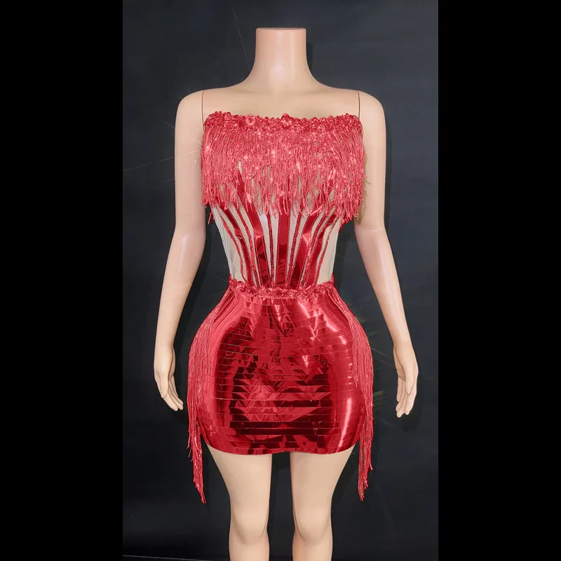 2025 Vestido glamuroso sin espalda para fiesta de cumpleaños y puesta en escena con traje de pasarela ajustado a la cadera Body Transparente Flecos
