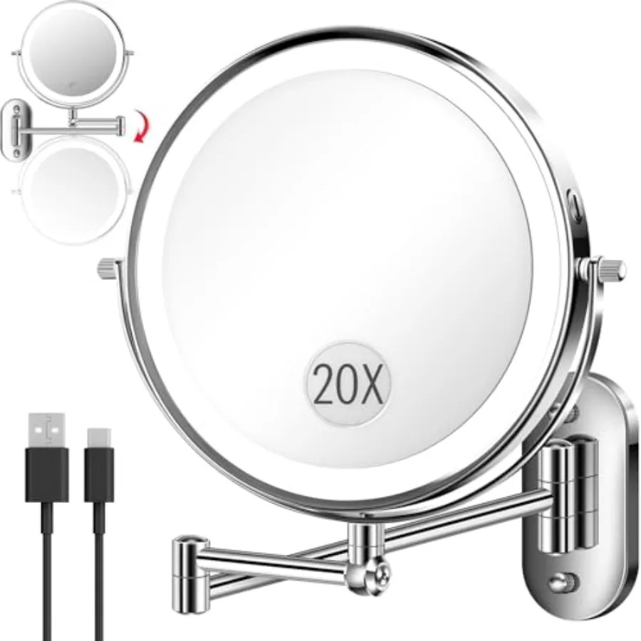 

9" Wall Mounted Makeup Mirror with Light, 20X/1X Height Adjustable Double Sided Magnifying Bathroom Lighted Mirror, 3 Color Tou