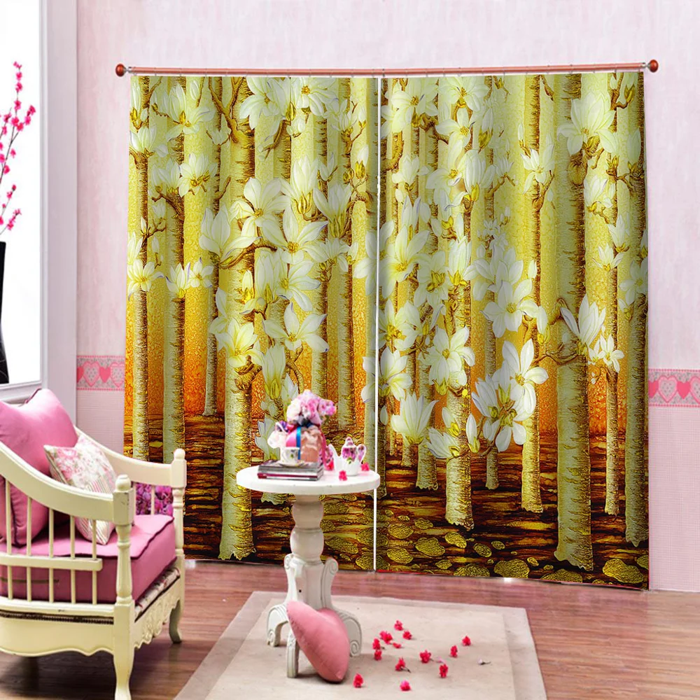 New gold Magnolia flower curtains Windows Curtains Thin for Living Room Bedroom Decorative 3D Curtains