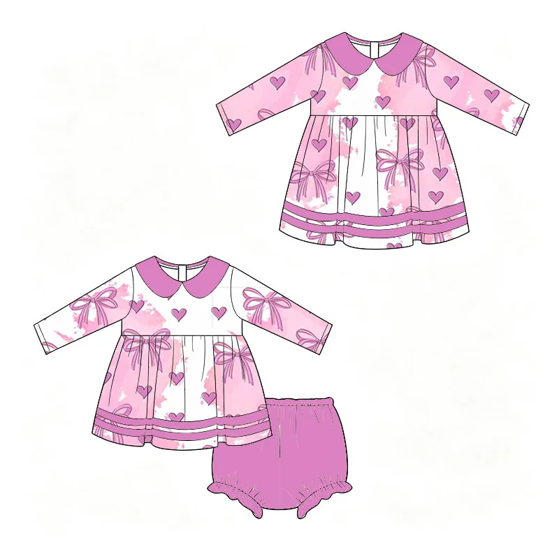 Boutique kid's Girls' Set and Dress Lapel Long-sleeved top and shorts Bows hearts strawberries and cakes print custom