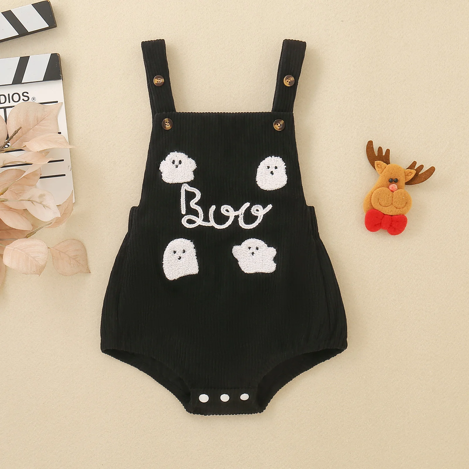 Baby Halloween Corduroy Overalls Romper Boo Ghost Embroidery Sleeveless Suspender Bodysuit Infant Fall Party Outfit