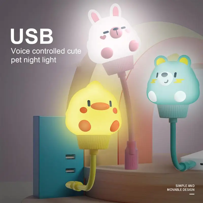 Lampu malam Led silikon kartun binatang, lampu malam Led dapat diisi ulang USB kontrol suara Plug In kreatif untuk pesta