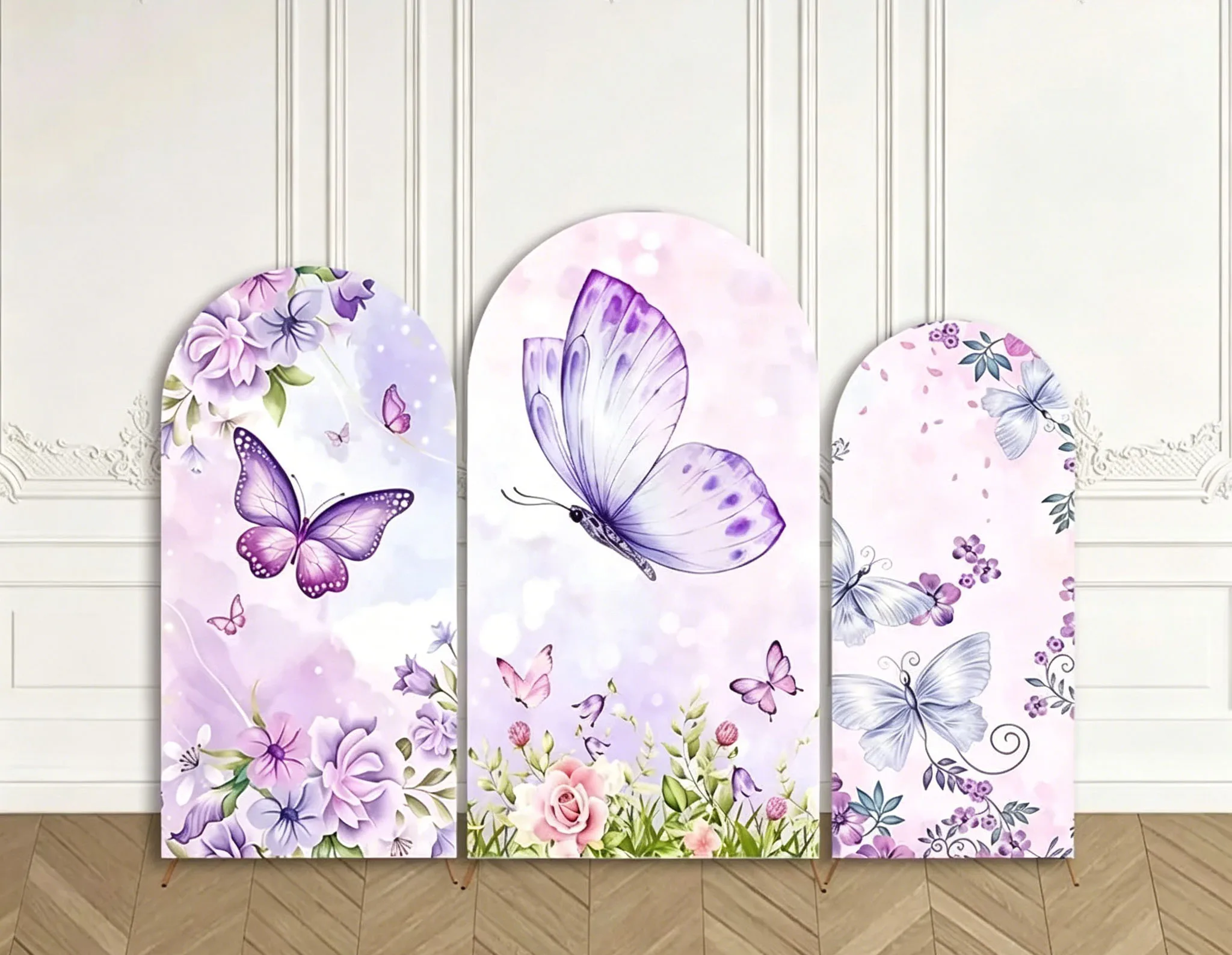 Housse d'arche personnalisée double face pour baby shower, motif papillon, fleurs violettes, DIY, nom et âge, décoration de fête d'anniversaire