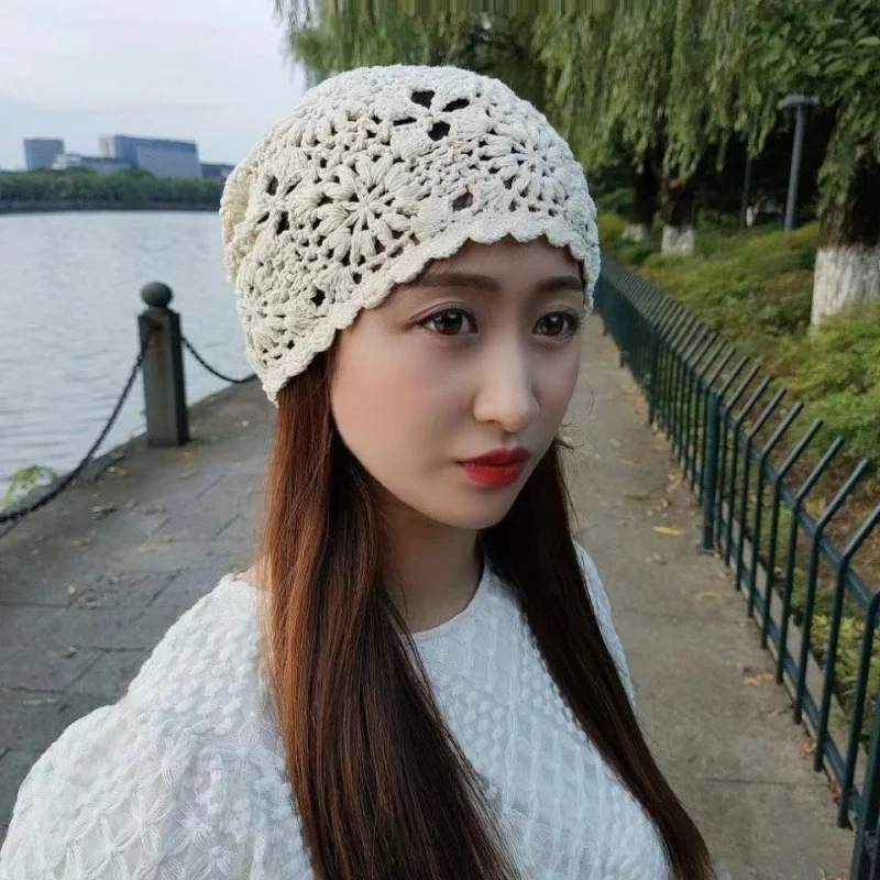 Spring and Autumn Thin Hollow Handmade Women\'s for Hat Knitting Crocheted Woven Woolen Knitted Summer Toque