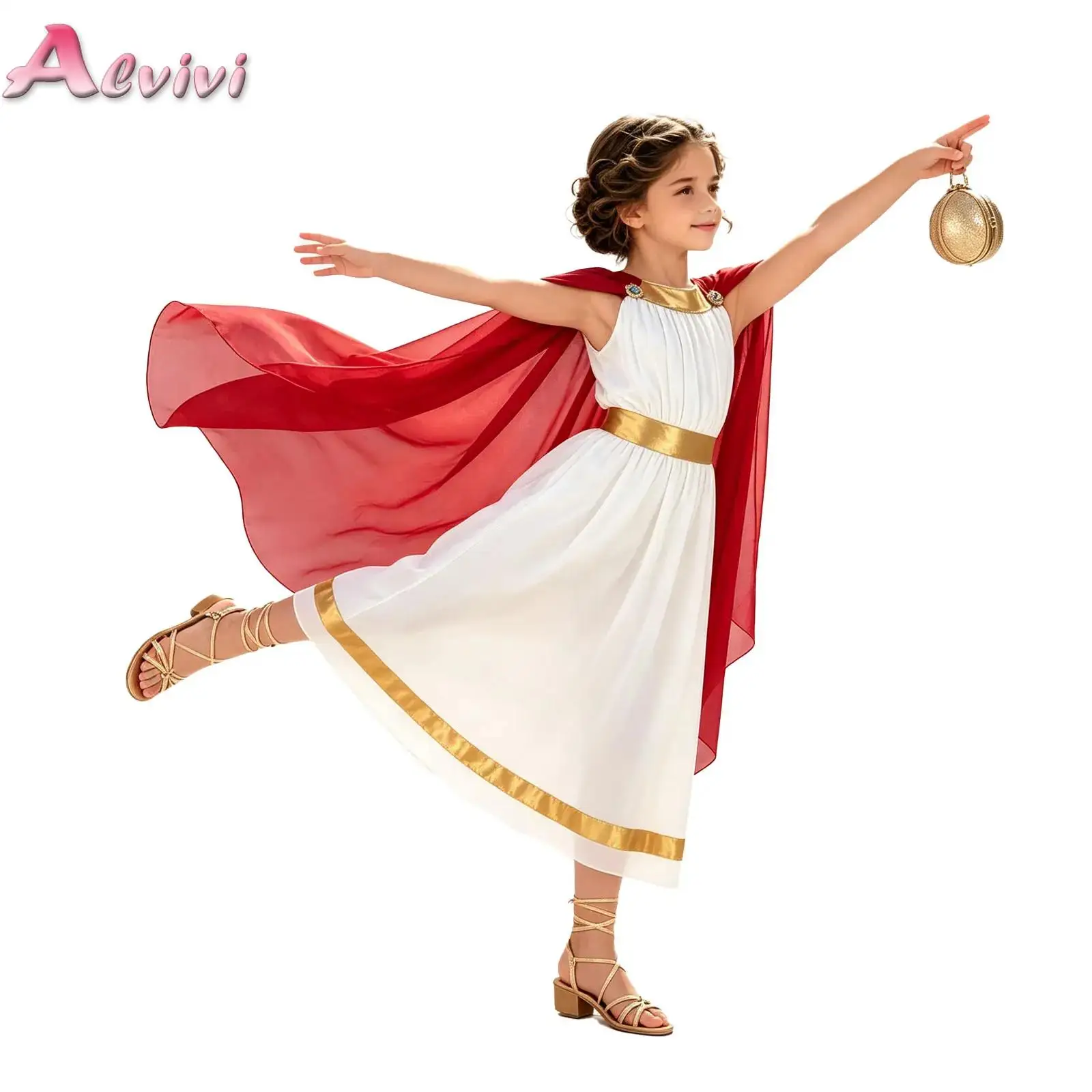 Kids Girls Ancient Greek Costume Contrasting Color Side Shawl Roman Robe Sleeveless Metallic Trim Dress for Carnival Theme Party