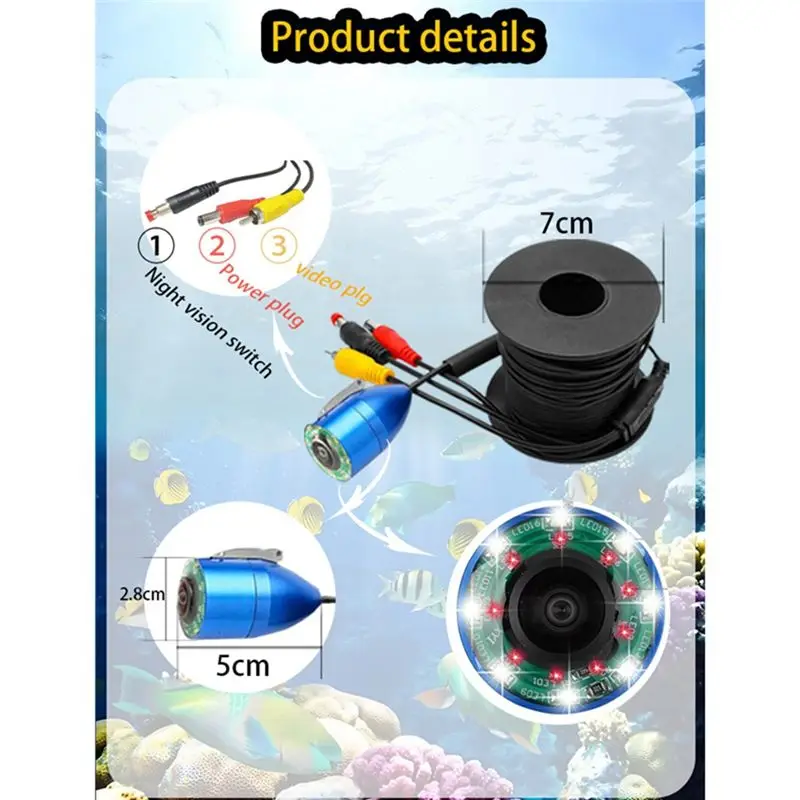 ABZZ-Underwater Fishing Camera LCD Monitor Fish Finder Waterproof 1000TVL Fishing Camera Infrared Lights For Lake