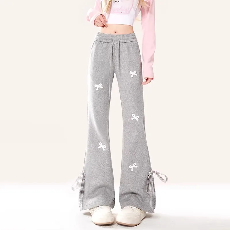 Preppy Style Sweet Bow Spliced Casual Sweatpants Slim Boot Cut Long Trousers High Waist Straight Pants Autumn Women's Clothes