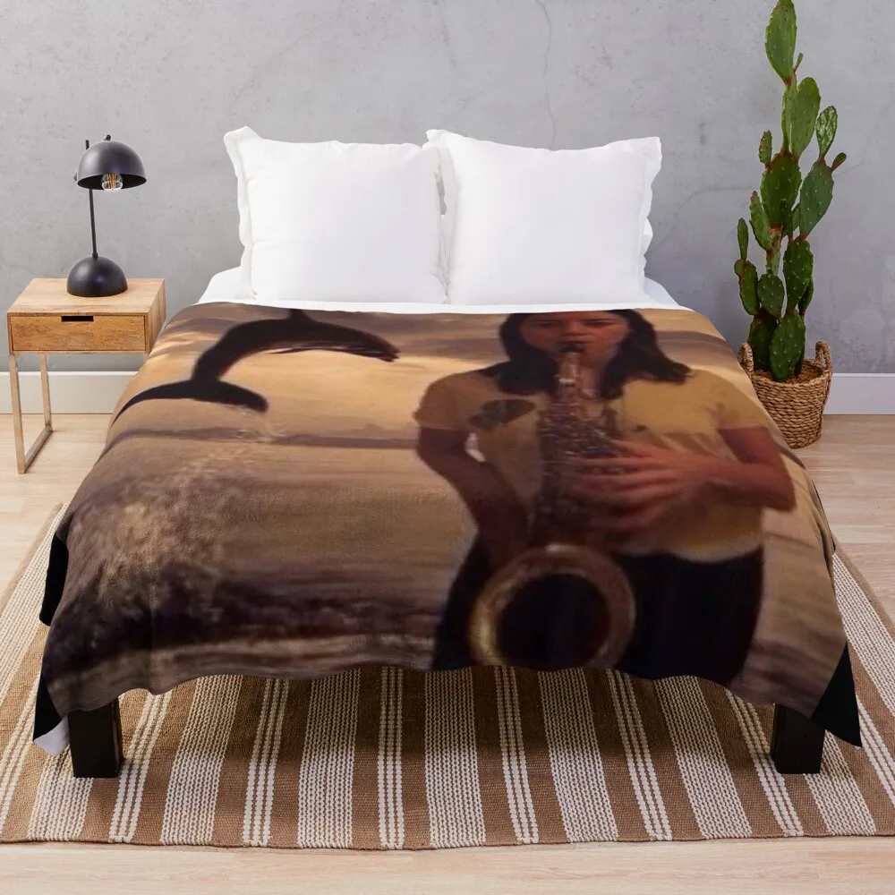 

Aubrey plaza with saxophone and dolphin Throw Blanket Personalized Gift Picnic For Sofa Thin Soft Blankets
