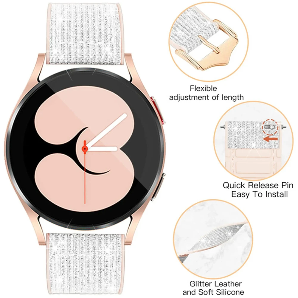 20mm For samsung galaxy watch 6 classic 47mm 43mm 4 5 6 44mm 40mm strap galaxy watch 5pro 45mm 46mm bling leather silicone band