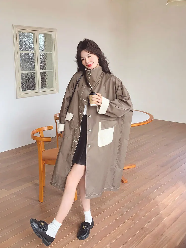 SuperAen Retro Long Trench Coat Contrasting Colors 2026 Spring and Autumn New Women's Korean-style Fashion Overcoat
