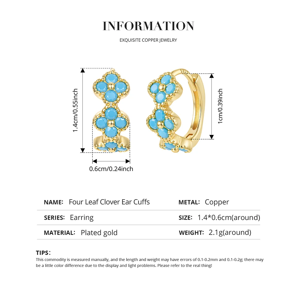 WOSTU Kleeblatt-Türkis-Huggie-Ohrringe für Damen, 18 Karat vergoldete vierblättrige Kleeblatt-Hochzeits-Ohrringe, S925-Nadel, hypoallergen – Detail 4