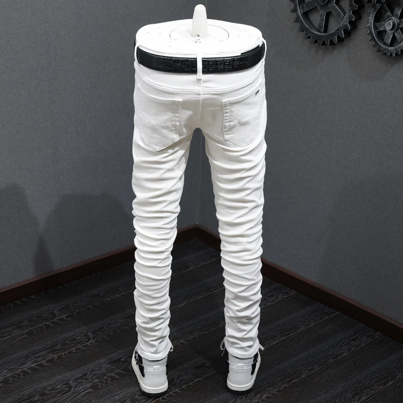 Fashionable new men's jeans with scratch, elastic, slim fit, washed with nostalgia, white jeans, hip-hop brand pants, Y2K