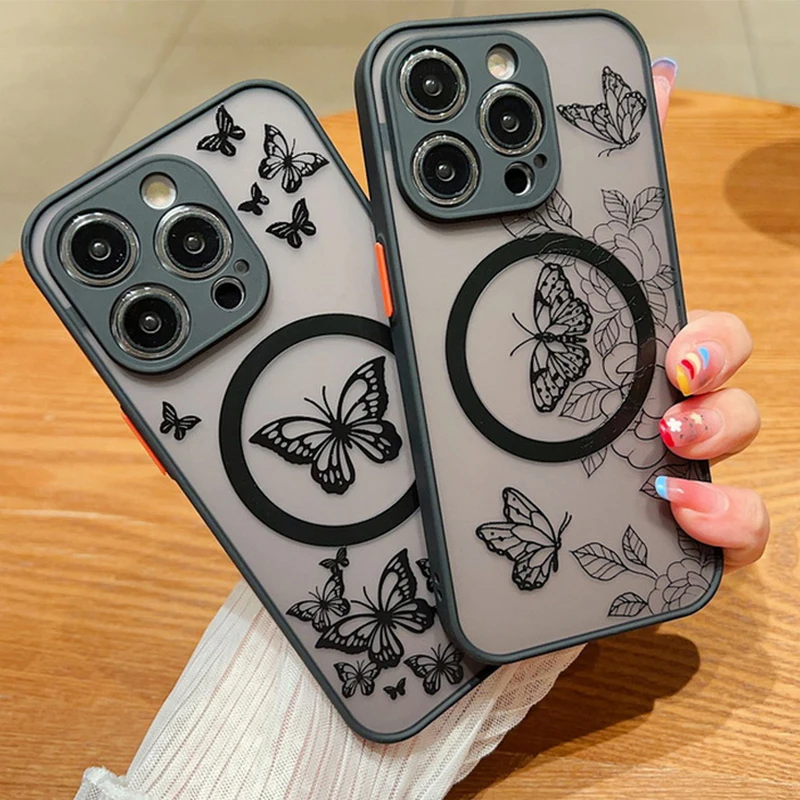 Patrón de mariposa para Magsafe funda de carga inalámbrica para iPhone 16 14 15 Pro Max 13 12 Pro Max 11 cubierta de teléfono mate a prueba de golpes