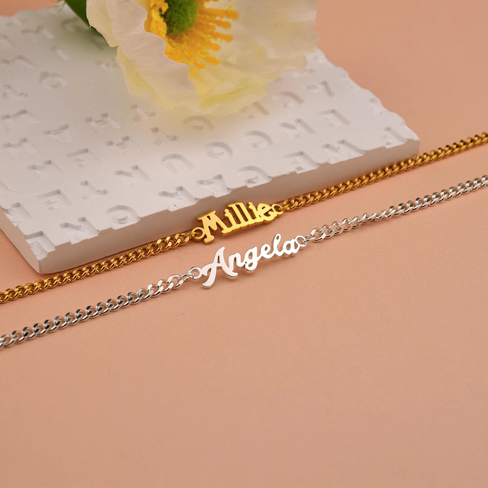 Engraved Custom Name Plate Bracelet Stainless Steel Cuban Link Chain Bangle for Men Women