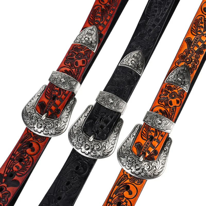 Retro unisex leather belt made of top-grain cowhide with embossed design, fashionable and versatile men's waist belt
