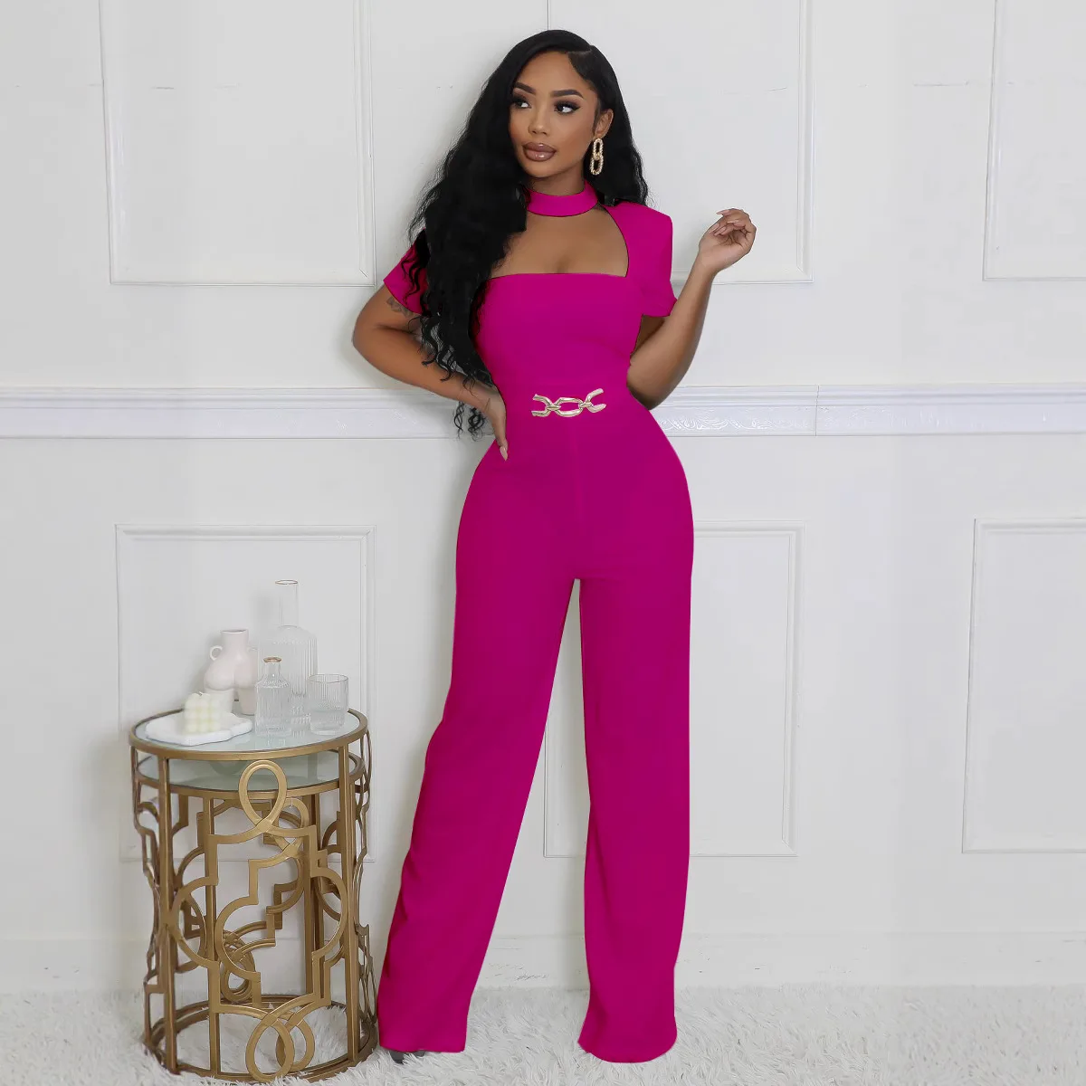 

Women's Solid Color Square Neck Personalized Elegant Scarf Short Sleeved Wide Leg Jumpsuit 2025 Summer