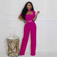 Women's Solid Color Square Neck Personalized Elegant Scarf Short Sleeved Wide Leg Jumpsuit 2025 Summer