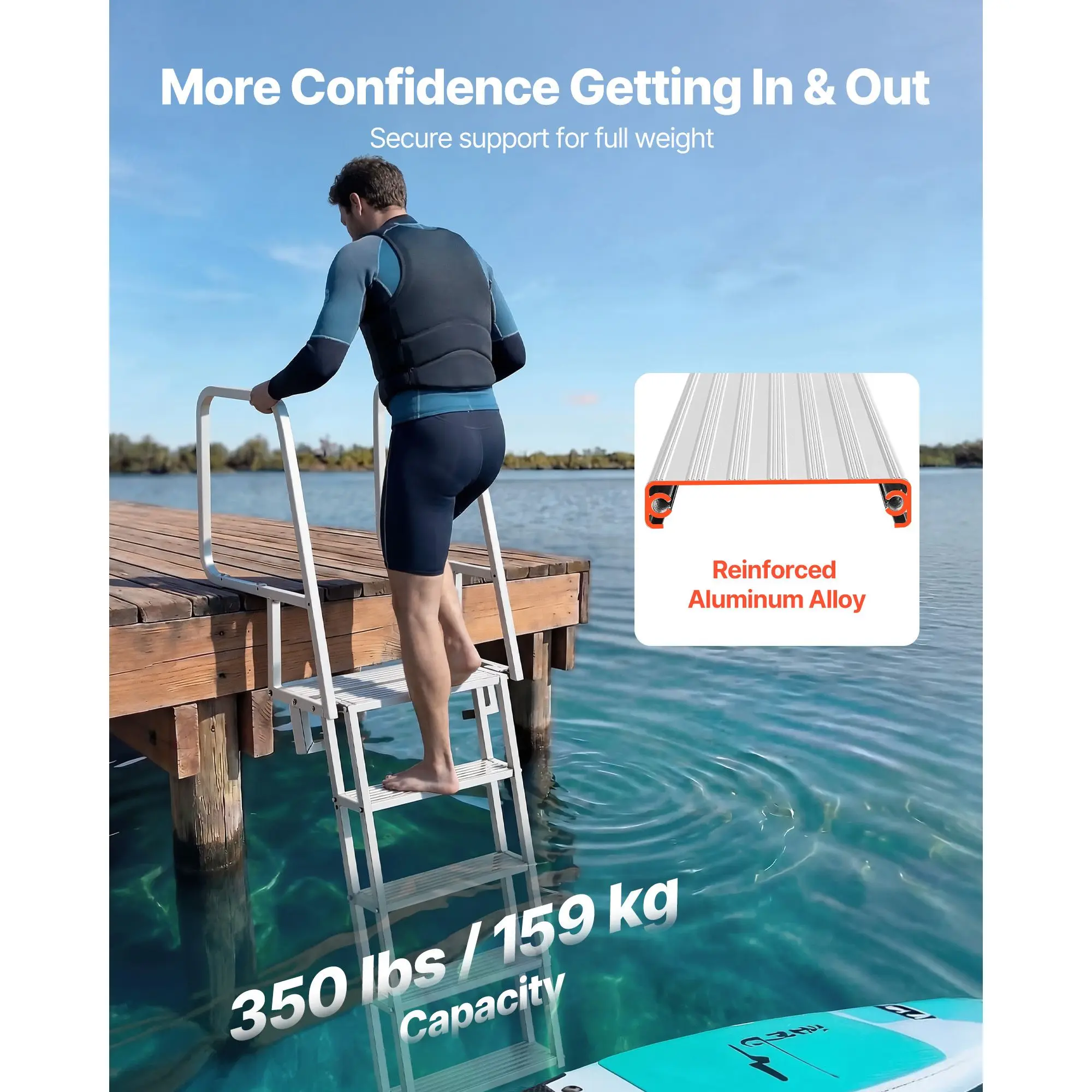 5 Step Heavy Duty Aluminum Alloy Flip Dock Ladder Non-Slip Wide Steps 350 Lbs Weight Capacity for Pontoon Boat Swim Pool Ladder