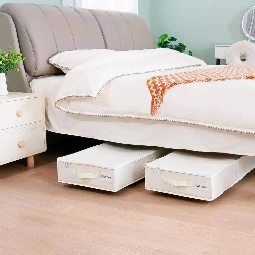 Under Bed Storage with Wheels, 2 Pack Containers for Clothes, Shoes, Blankets, Rolling Organizer with Cover, Beige (30.71x15.7x7 view 4