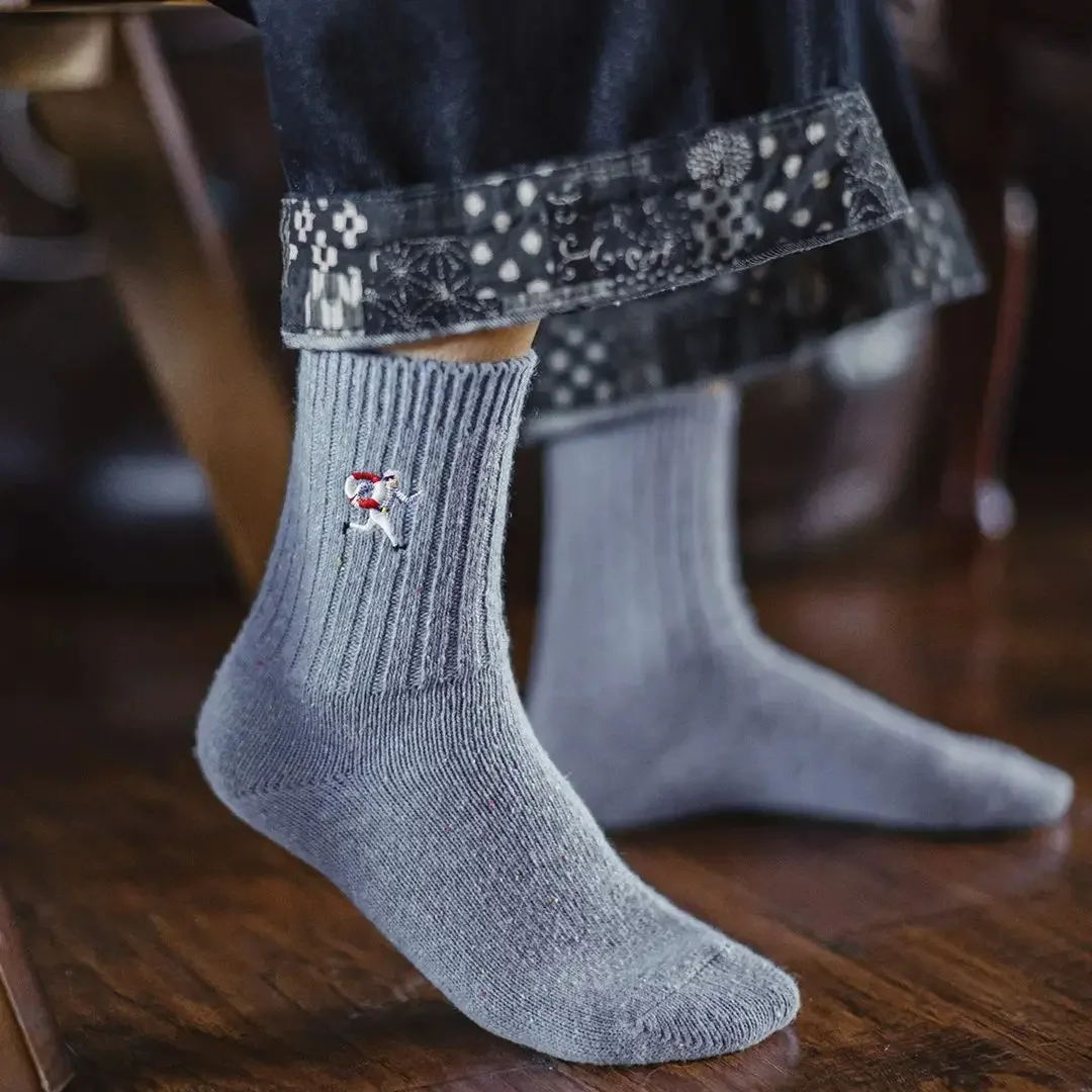 Maden Vintage 3Pairs Men‘s Wool Blend Mid-Calf Socks Heather Effect Embroidered Warm Socks Ribbed Knit Sock for Autumn Winter