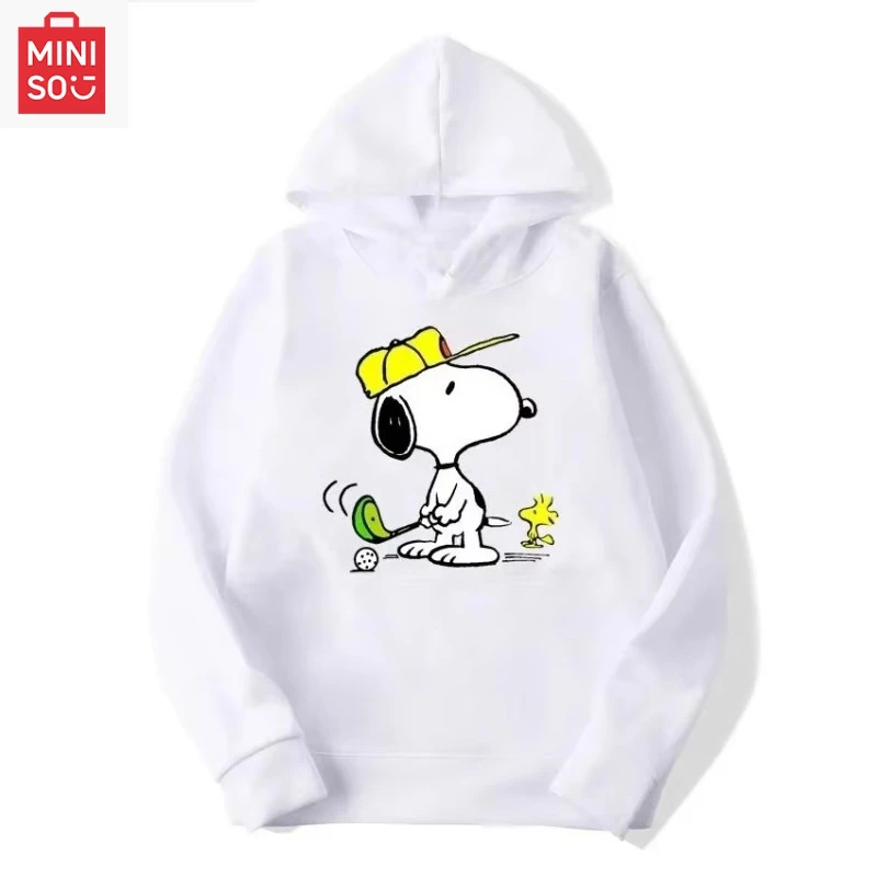 

Cartoon fun Snoopy playing golf print casual hoodie autumn and winter trend comfortable and warm pullover top for men and women