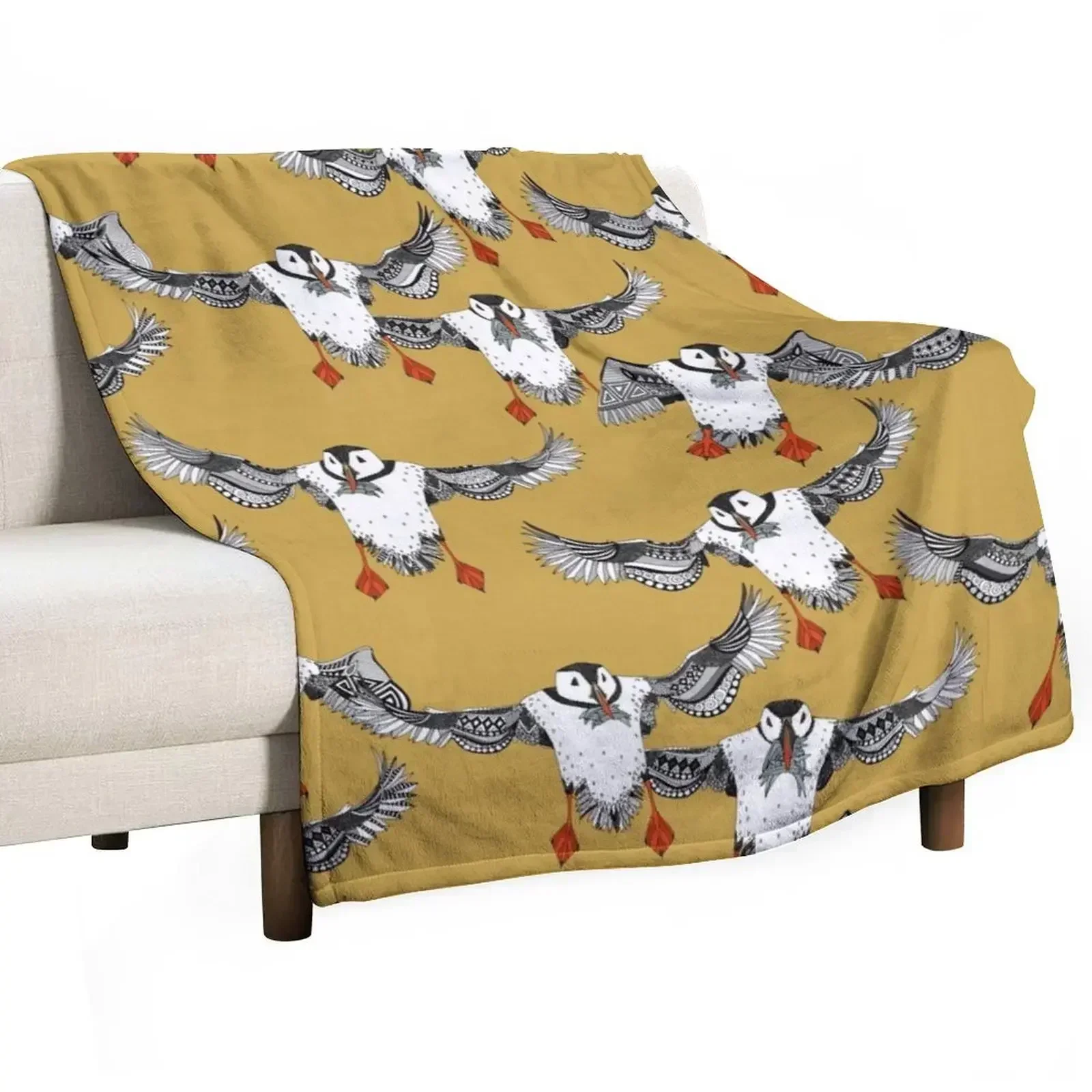 Atlantic Puffins gold Throw Blanket Personalized Gift Bed Blankets