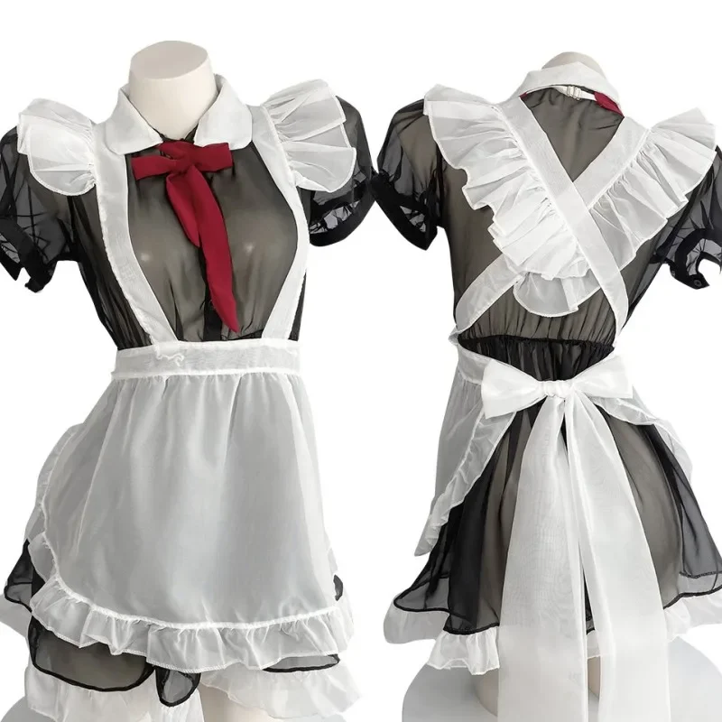 Traje de sirvienta Lolita, uniforme, lencería Sexy para mujer, vestido de sirvienta transparente, delantal francés con bragas, conjunto de disfraz de Cosplay