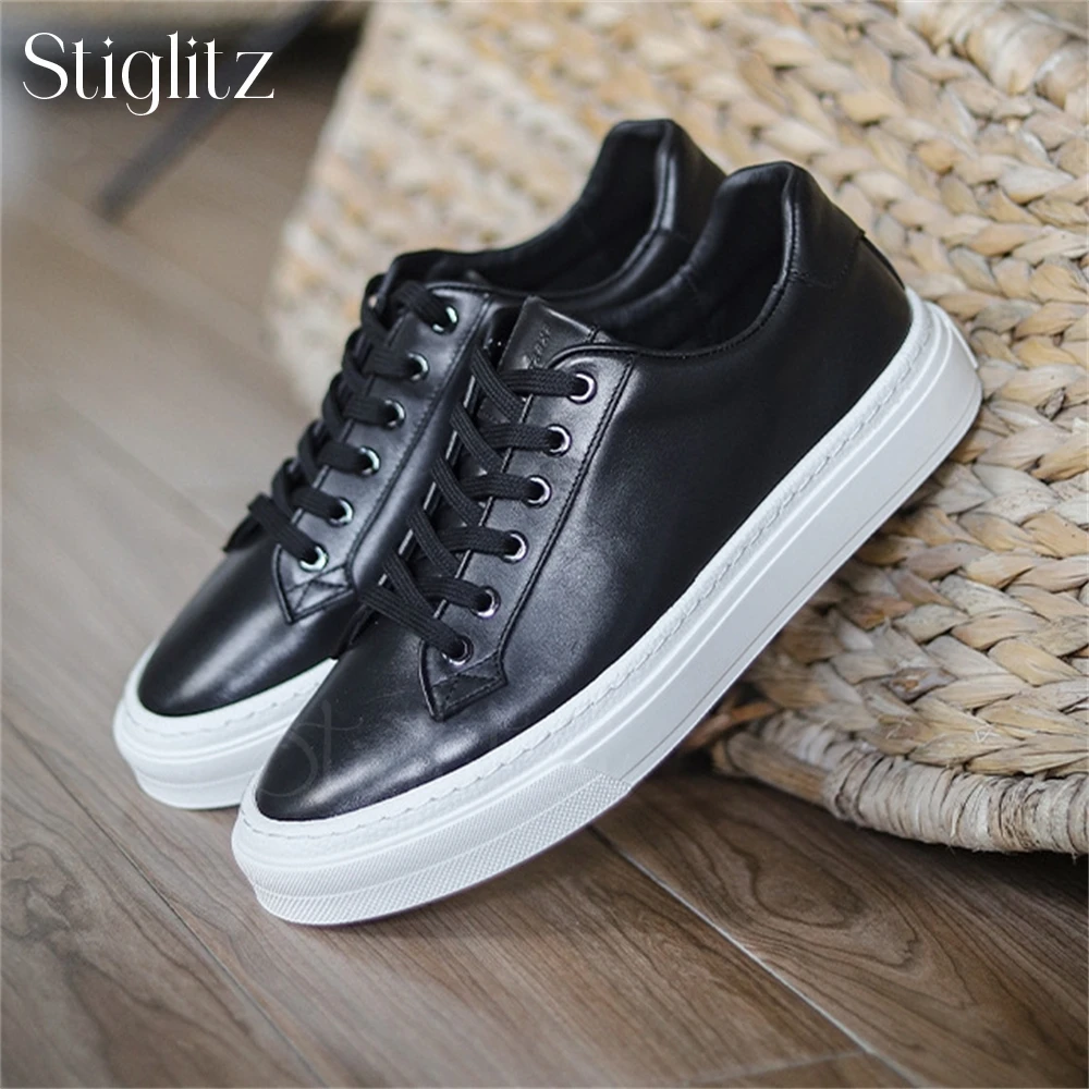 

Classic Concise Style White Genuine Leather Sneakers Lace-Up Round Toe Flat Casual Shoes Breathable Comfortable Men Daily Shoes