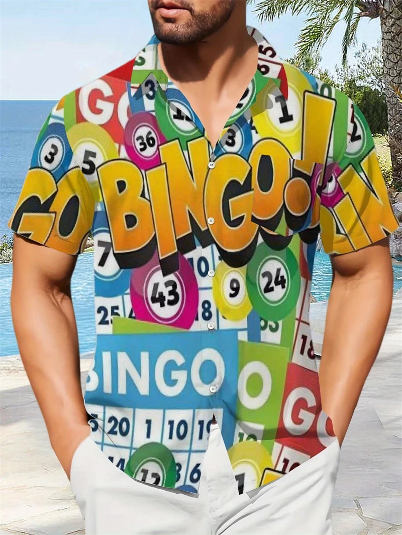 

Retro Bingo Game Full Print Mens Hawaiian Shirt New In Summer Short Sleeve Button Lapel Beach Blouse Casual Men's Aloha Shirt