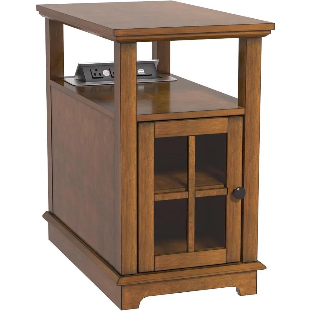

End Table with Flip Top Charging Station, Adjustable Shelf, Type-C & USB Port & Power outlets, Wooden Nightstand, Side