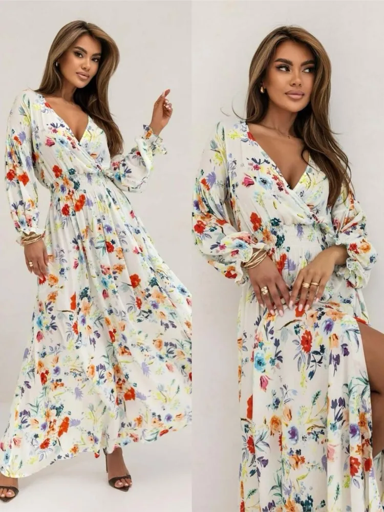 Sukienka damska z modnym nadrukiem, wiosenna, z długim rękawem, dekolt w serek, seksowna, z rozcięciem, długa, damska, elegancka, boho, w kwiaty, Vestidos, jesień 2025
